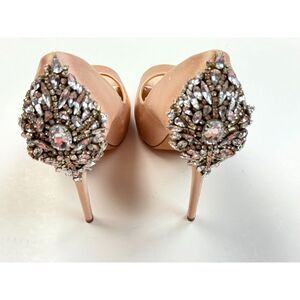 Badgley Mischka Kiara Embellished Peep-toe Pump Women 6.5M‎ NEW $245 Latte Satin